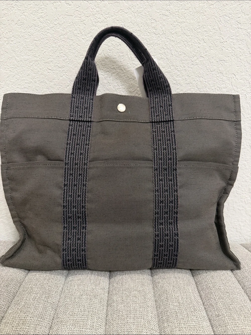 Hermes Gray Canvas Tote Bag with Black / Gray Straps
